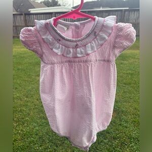 Marco & Lizzy pink gingham smocked bubble 18 months FUC due to 3 stains
